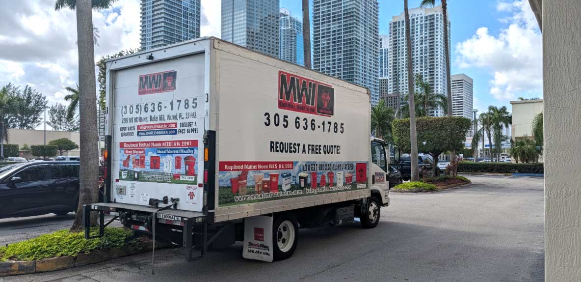 Digitally edited MWI medical waste truck with the Downtown Miami skyscraper skyline as the background