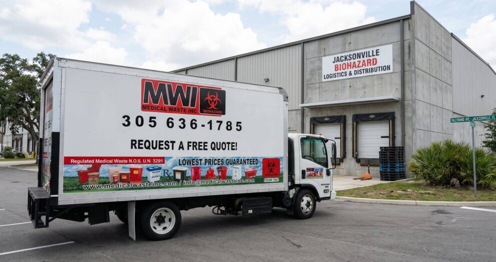 An MWI Medical Waste Inc. truck parked in front of its biohazard logistics facility in Jacksonville, Florida.
