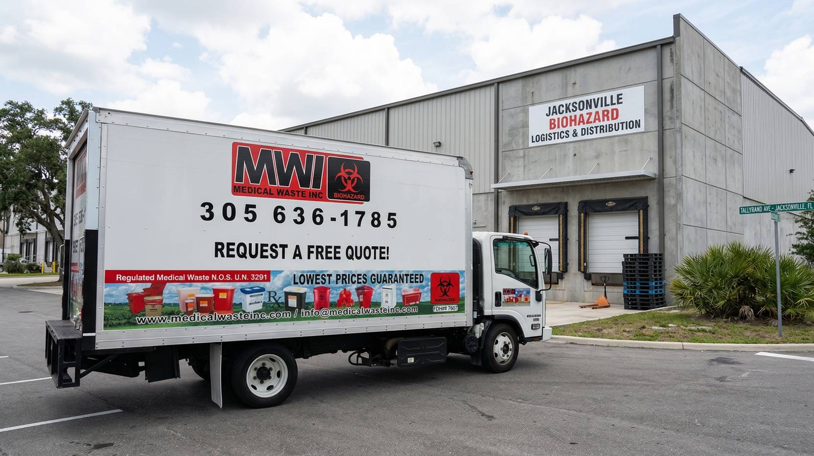 An MWI Medical Waste Inc. truck parked in front of its biohazard logistics facility in Jacksonville, Florida.