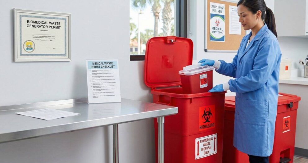 A healthcare professional in a clinic setting following Florida Health Department regulations, standing near red biohazard bins labeled for Biomedical Waste Disposal with a framed Biomedical Waste Generator Permit visible on the wall