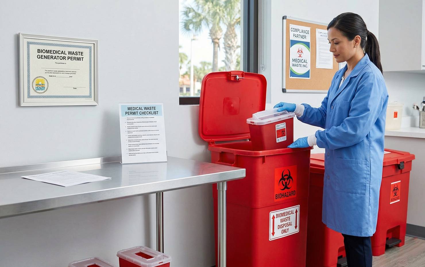 A healthcare professional in a clinic setting following Florida Health Department regulations, standing near red biohazard bins labeled for Biomedical Waste Disposal with a framed Biomedical Waste Generator Permit visible on the wall