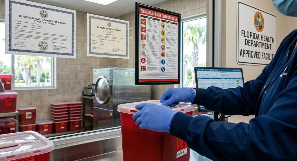 Facility worker wearing blue gloves and a dark blue jacket, securing the red lid on a sharps disposal container