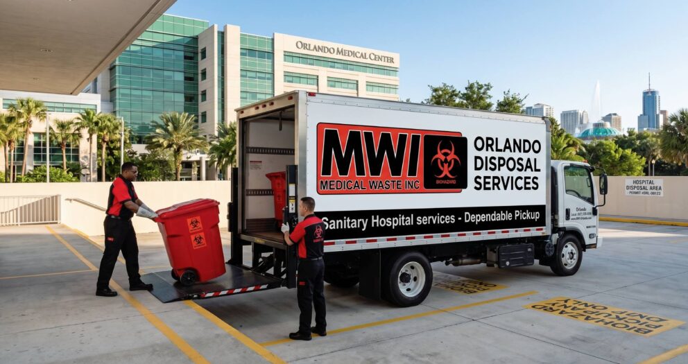 Certified Medical Waste Inc. technician handling biohazard waste containers at an Orlando healthcare facility