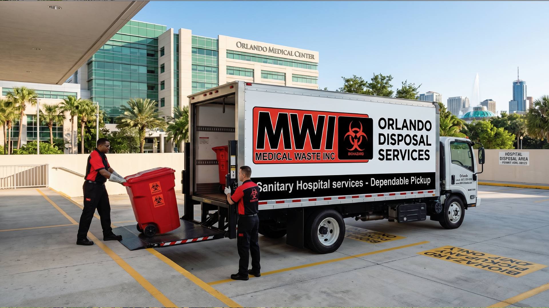 Certified Medical Waste Inc. technician handling biohazard waste containers at an Orlando healthcare facility