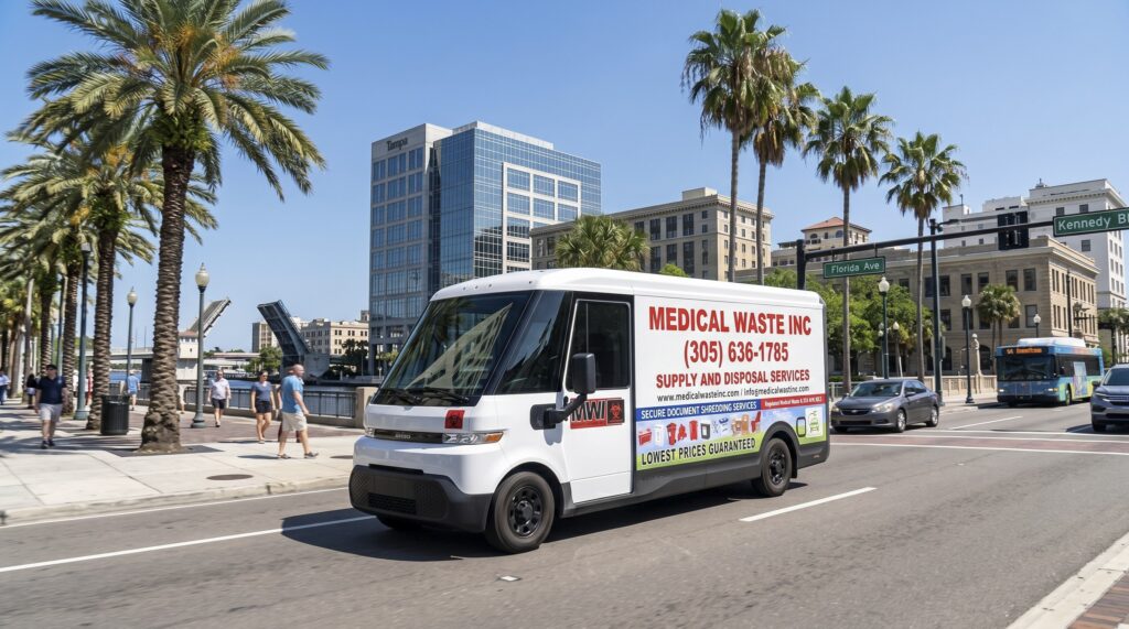 A branded Medical Waste Inc. (MWI) logistics truck driving on on a main road in Downtown Tampa, with the city skyline and Hillsborough Bay in the background, providing medical waste removal