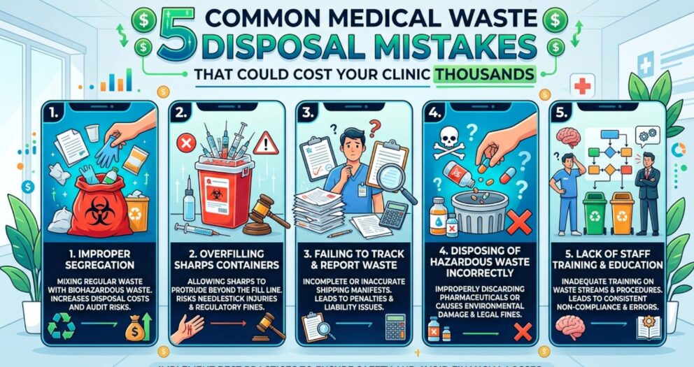 An infographic with a teal and green theme titled 5 COMMON MEDICAL WASTE DISPOSAL MISTAKES THAT COULD COST YOUR CLINIC THOUSANDS