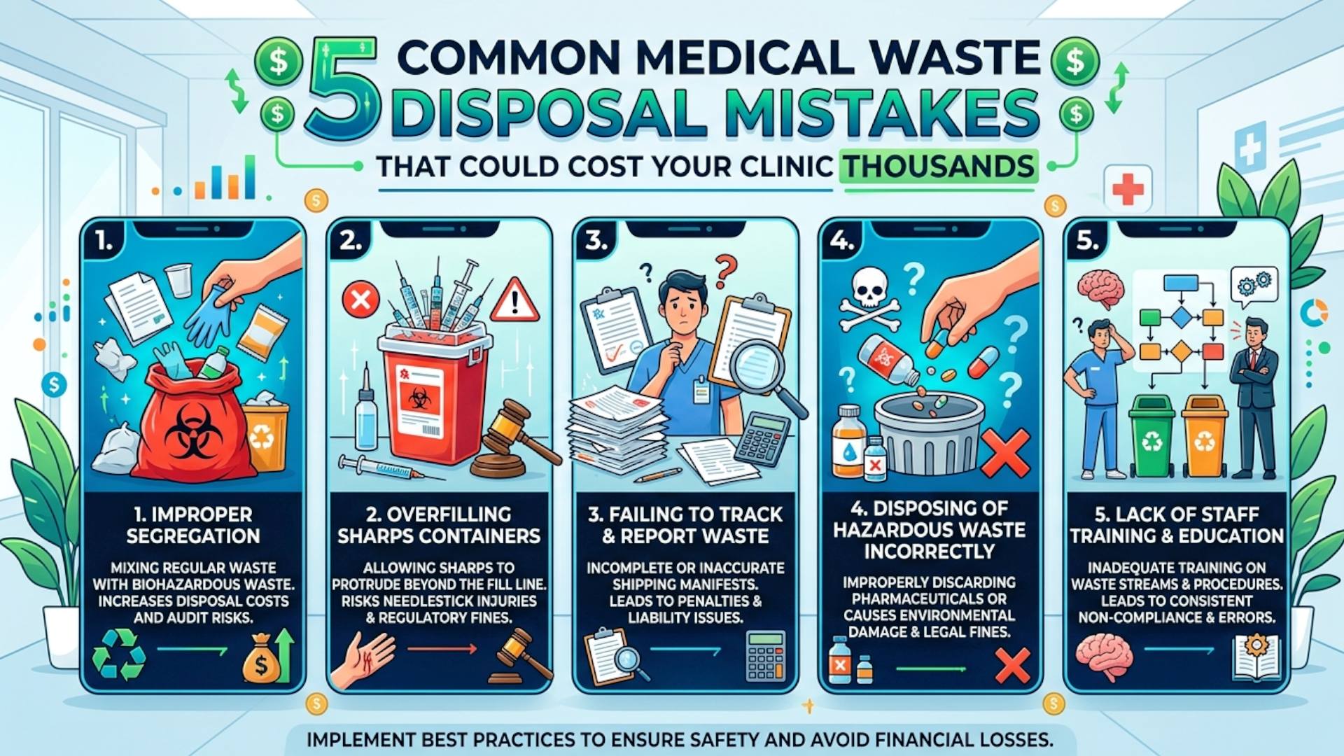 An infographic with a teal and green theme titled 5 COMMON MEDICAL WASTE DISPOSAL MISTAKES THAT COULD COST YOUR CLINIC THOUSANDS